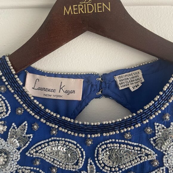 Vintage 80s Laurence Kazar 100% silk royal blue sequin/ beaded mini dress - Picture 5 of 8